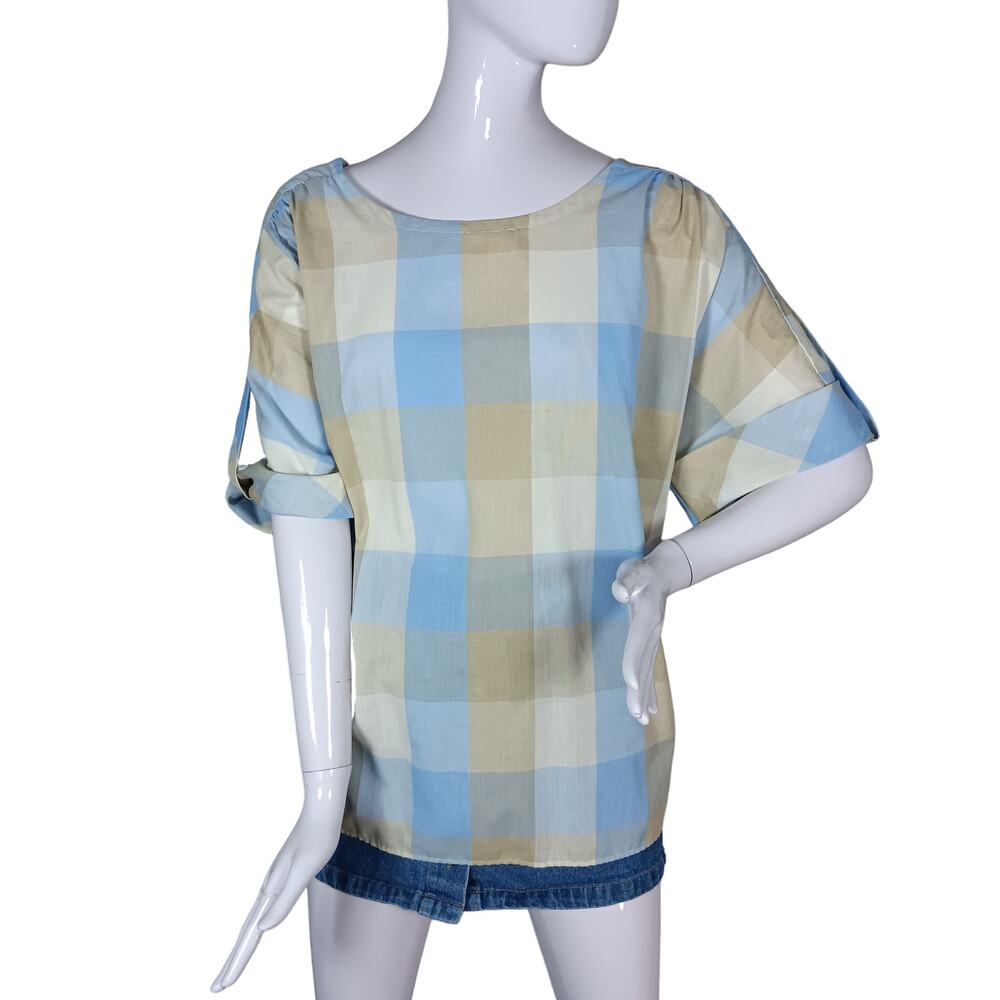 Vintage La Rose Of California Blouse Size 2X Plaid Blue & Tan Tones Short Sleeve